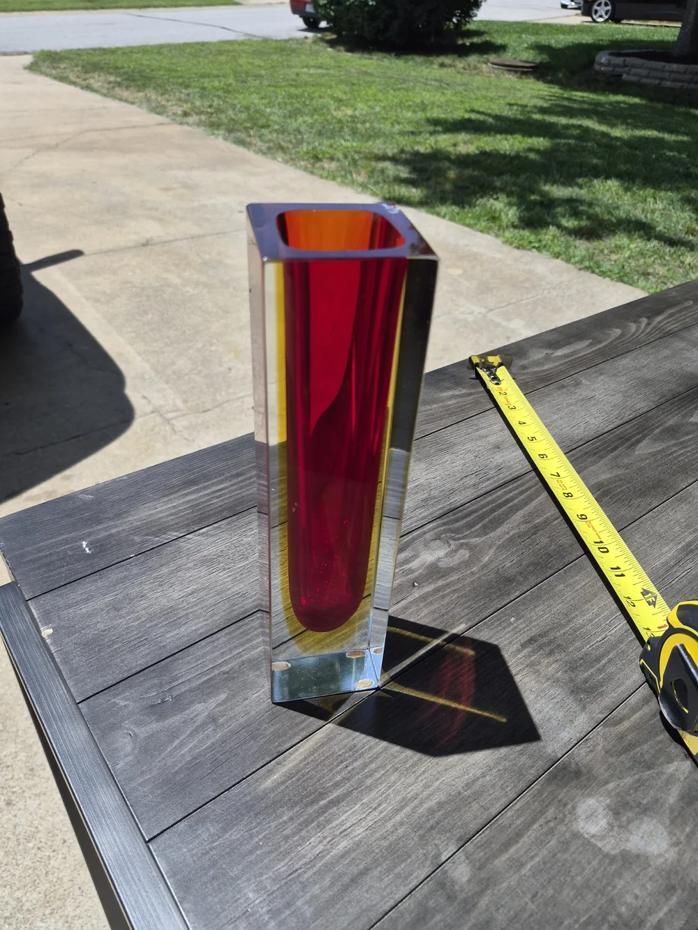 Murano Red and Yellow Tall Rectangular Glass Vase